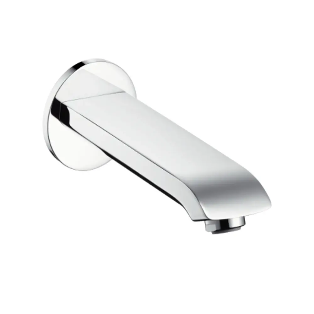 Wannenarmatur von Hansgrohe in Chrom, mit einem einfachen, geraden Auslauf und runder Wandmontage.